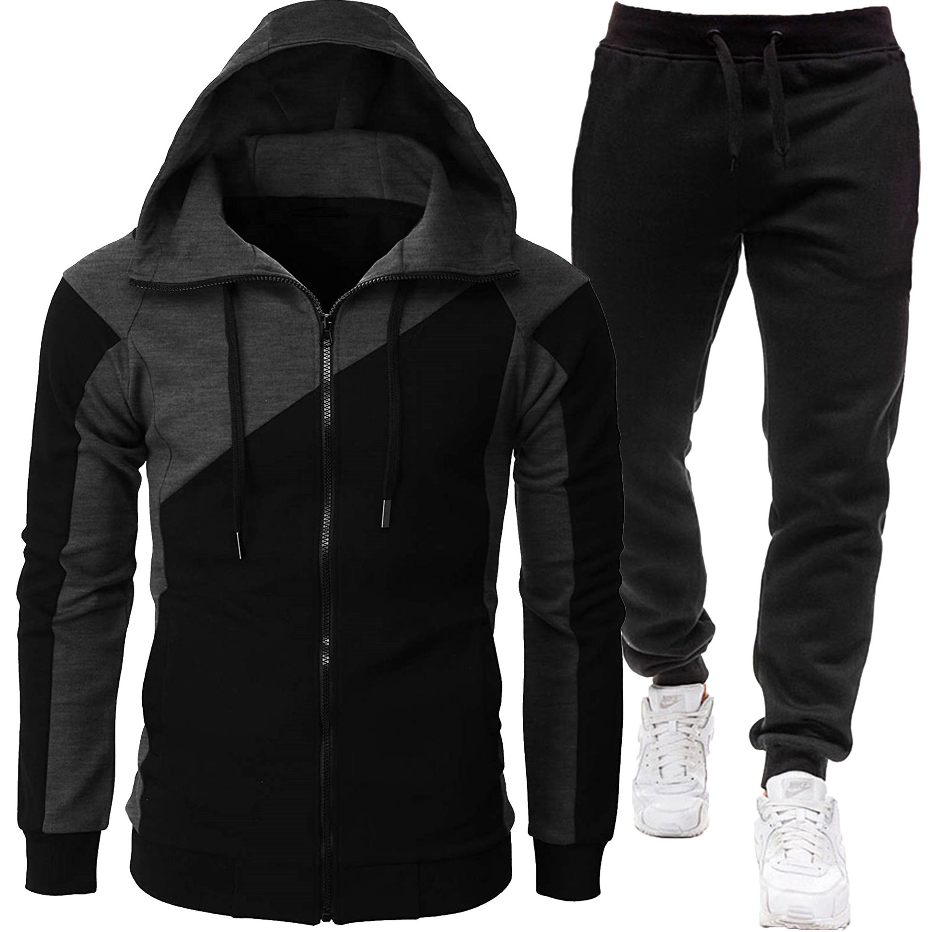 2024 Herbst und Winter Zweifarbige Patchworkjacke, Langärmlige Hose, Freizeitsport-Set für Herren mit Kapuze_voghion.com