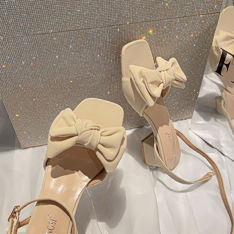 Dép sandal nữ quai ngang mũi vuông gót thấp 5 cm đế mềm, thắt nơ kiểu Pháp — Màu mơ, Màu đen