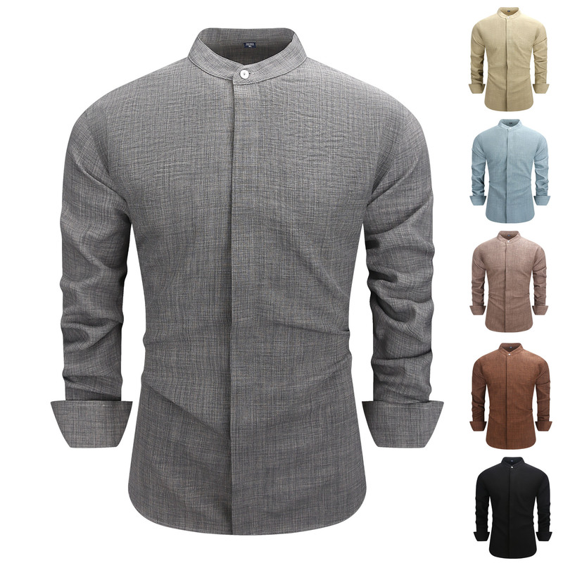Men's faux linen textured stand-up collar shirt with hidden placket, business casual long-sleeve shirt, classic business casual shirt for men Men's faux linen textured stand-up collar shirt with hidden placket, business casual long-sleeve shirt, classic business casual shirt for men