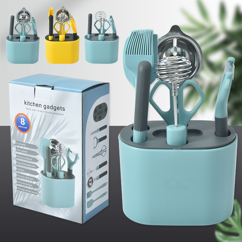Kit de herramientas de cocina con asiento de almacenamiento tijeras cuchillo de frutas planador de melón herramientas de alimentos complementarios Kit de silicona de cocina