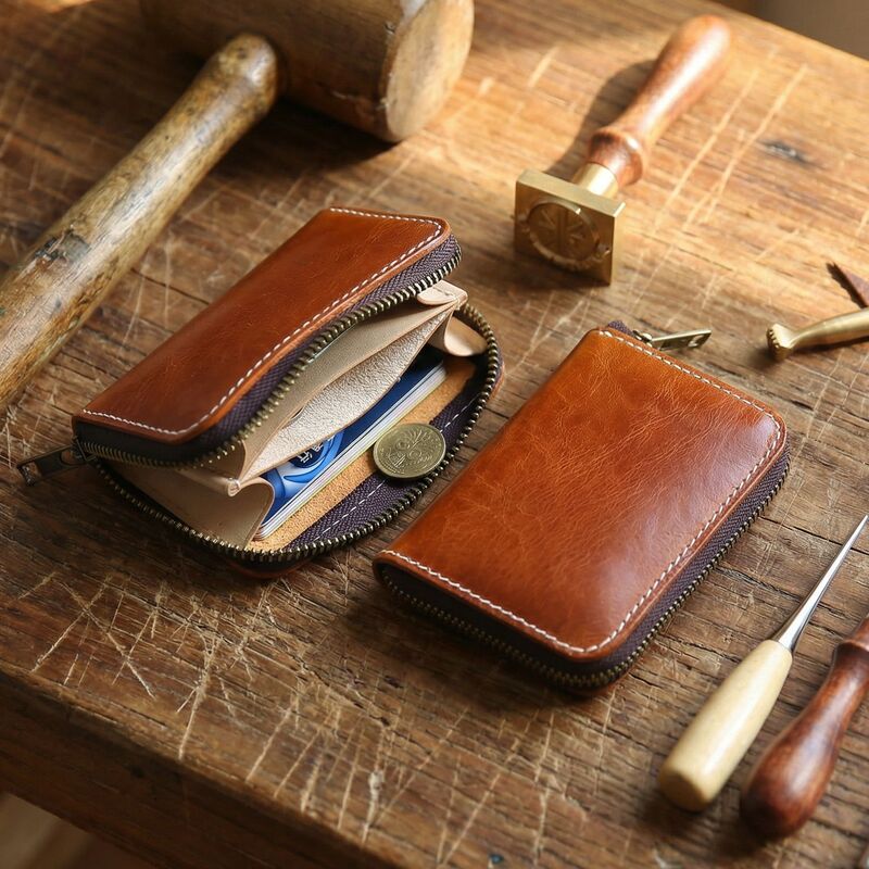 Handmade Vintage Vegetable Tanned Leather Small Wallet Men's Top Layer Cowhide Zipper Short Coin Coin Purse Leather Small Card Bag