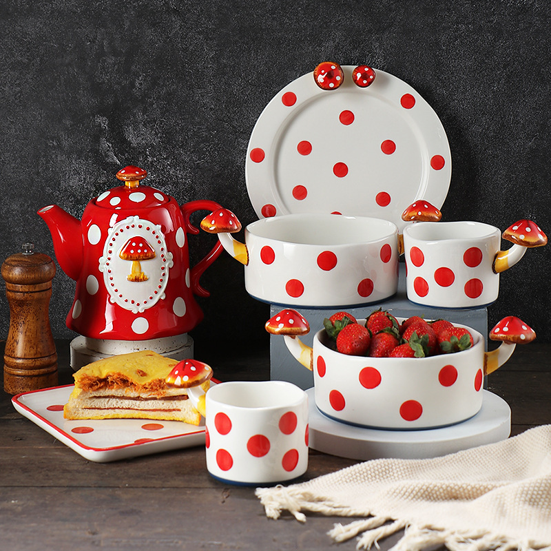 Mushroom Ceramic Tableware Set Children's Japanese Style Household Dishes and Dishes Water Cup Cold Water Kettle Creative Cute Hand-painted Red