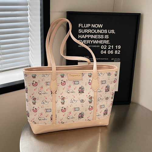 Tote bag for women 2024 new large-capacity commuter bag printed versatile shoulder bag fashionable college student class bag