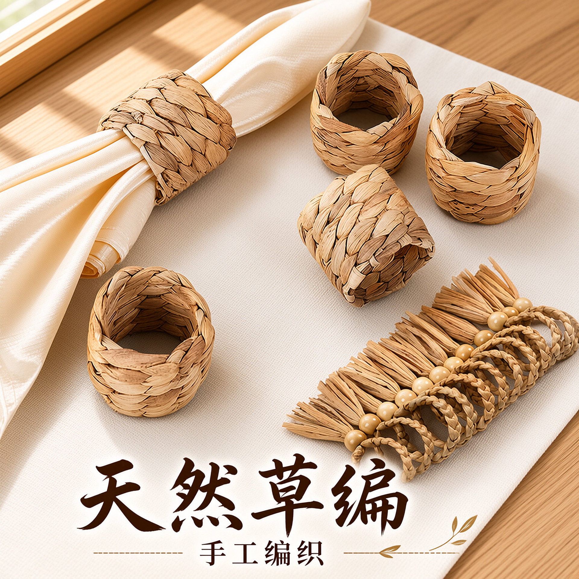 Hotel table setting: handmade woven water hyacinth napkin rings, woven napkin holders, paper napkin rings, napkin rings