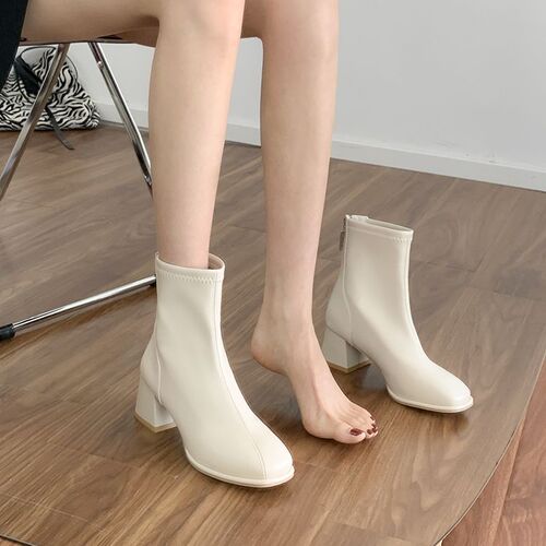 French short boots and ankle boots, thick-heeled autumn slim boots, white spring and autumn single boots, women's high heels, annual