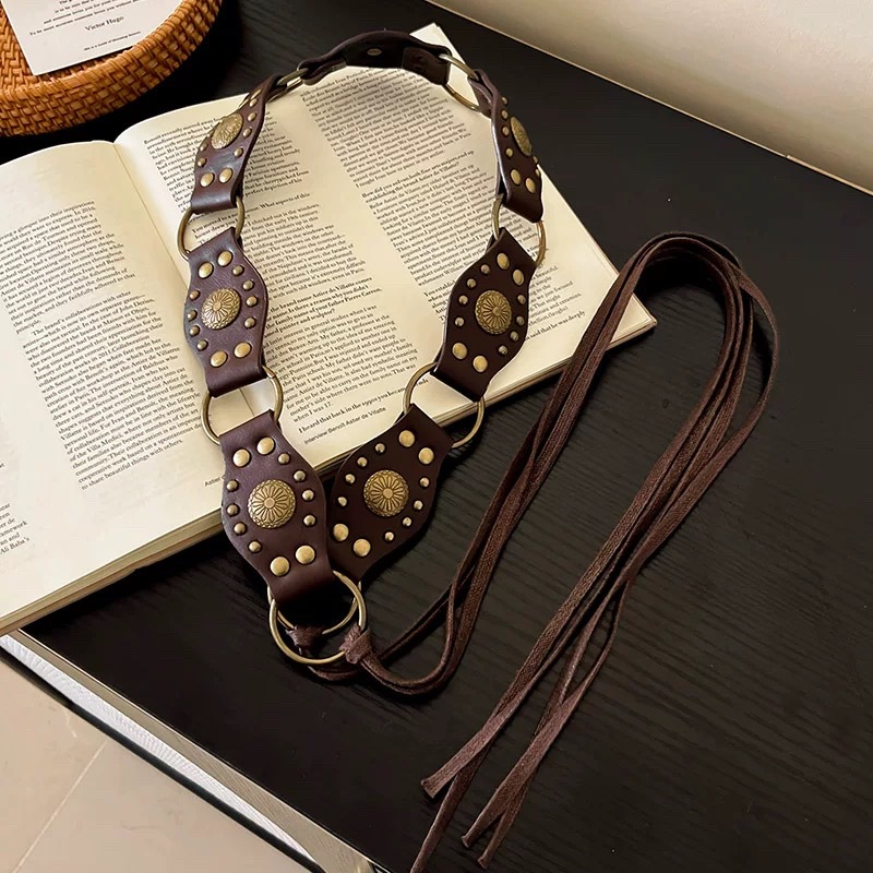 23# western-style brown distressed rivet carved iron ring wide belt