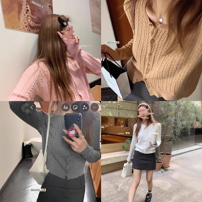 Royee's autumn letter round neck twist long sleeve cardigan women's autumn gentle slimming underwear sweater