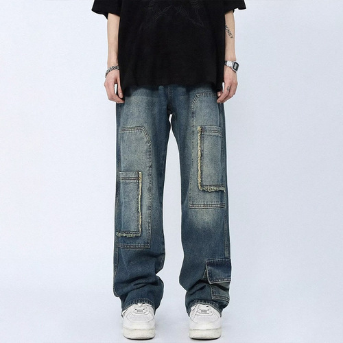 2025 Autumn/Winter New American Retro Loose Distressed Straight Leg Wide Leg Floor-Length Casual Pants for Men
