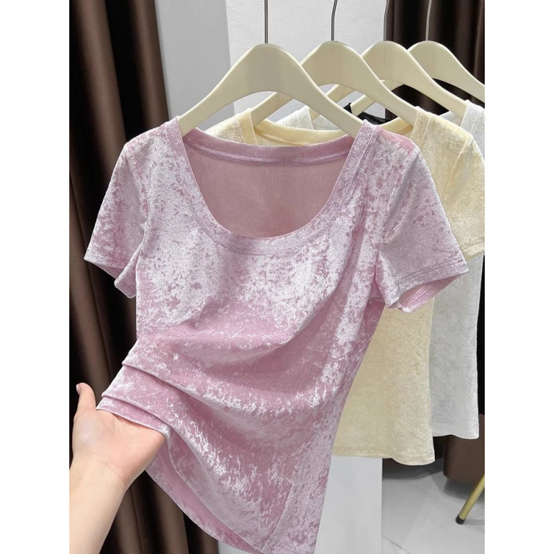 [Shop Selling] Velvet Mesh Short-sleeved T-shirt Women's Summer Korean-style Collarbone Crewneck Slim-fit Slim-fit Slim Top