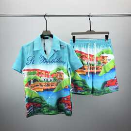 套装欧美潮流夏季新款短袖衬衫 男士开衫男女同款3D印花 跨境欧货