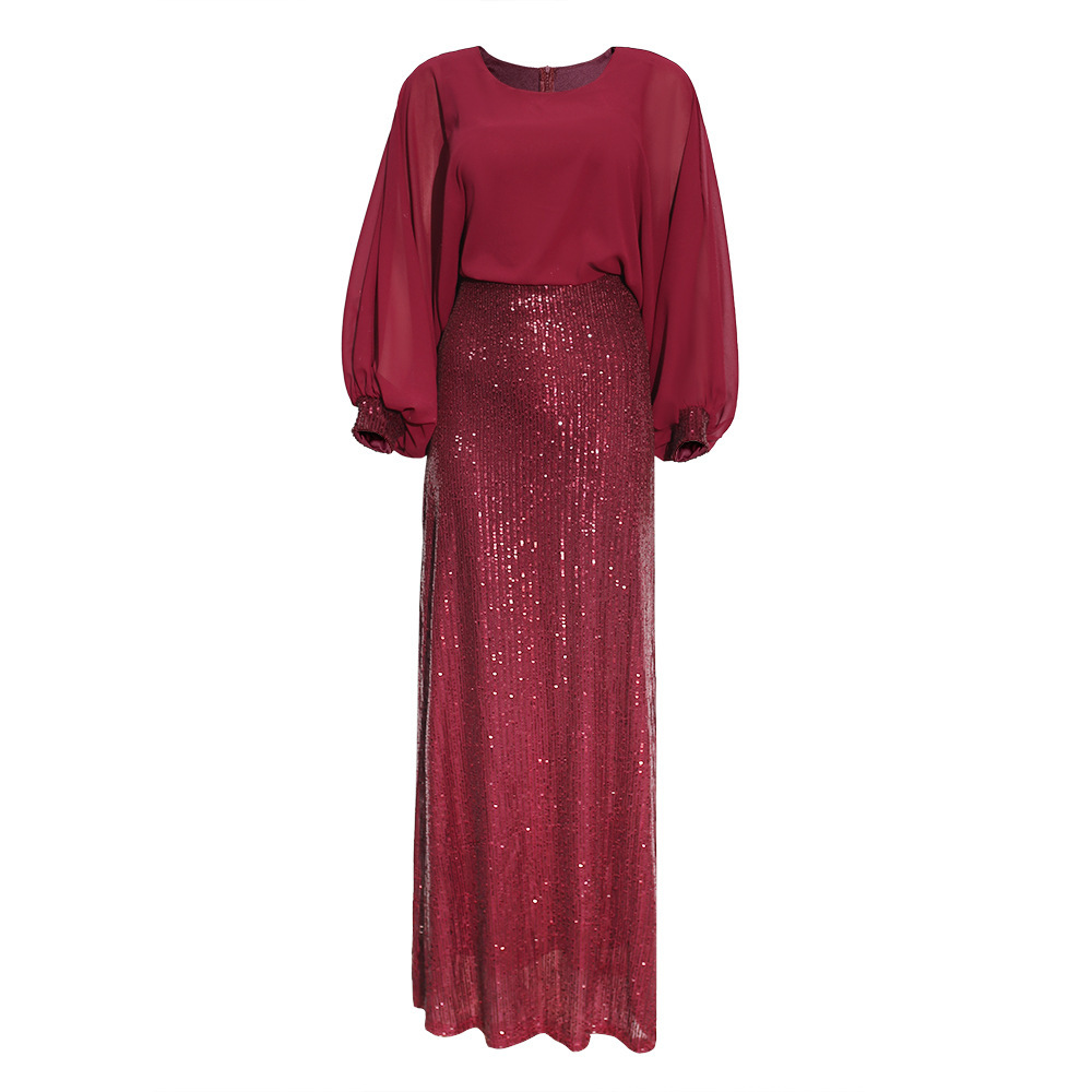 2022 Cross-Border Supply Aliexpress African Plus Size Women's Sequin Chiffon Christmas Party Evening Dress Dress