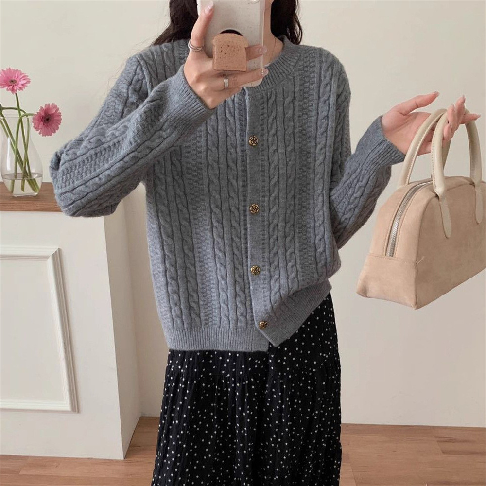 Korean Style Lazy Style Twist Sweater Women's Jacket Autumn and Winter New Slim Round Neck Knitted Cardigan Jacket Top Outer Wear