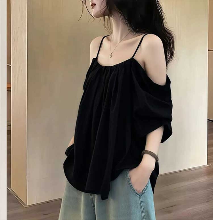 Áo thun nữ cổ tròn basic tay ngắn thiết kế dây thắt lưng — màu đen chi tiết 4