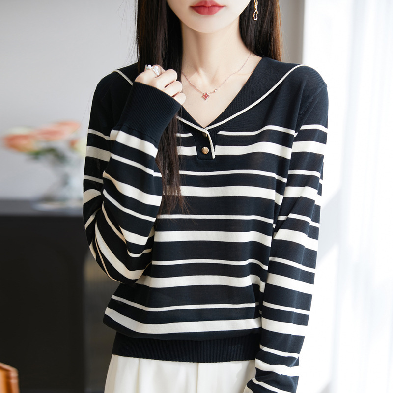 Navy Striped Knit Sweater for Women, Made of Lyocell Tencel, Casual and Youthful Short-Sleeve, Supports Wholesale and Can Be Shipped Individually