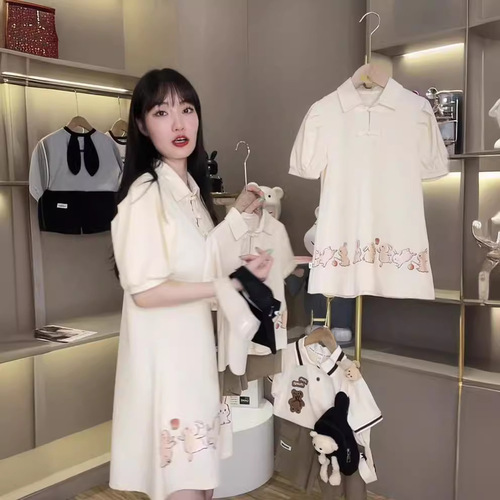Different Chinese-style parent-child clothing 2024 summer a family of three whole set with little rabbit Polo shirts for mother and daughter dress
