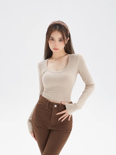 Women's Autumn Thin Fitted Elastic Ribbed Cotton U-Neck T-Shirt with Hong Kong Style, Versatile Short-Sleeve Long-Sleeve Top
