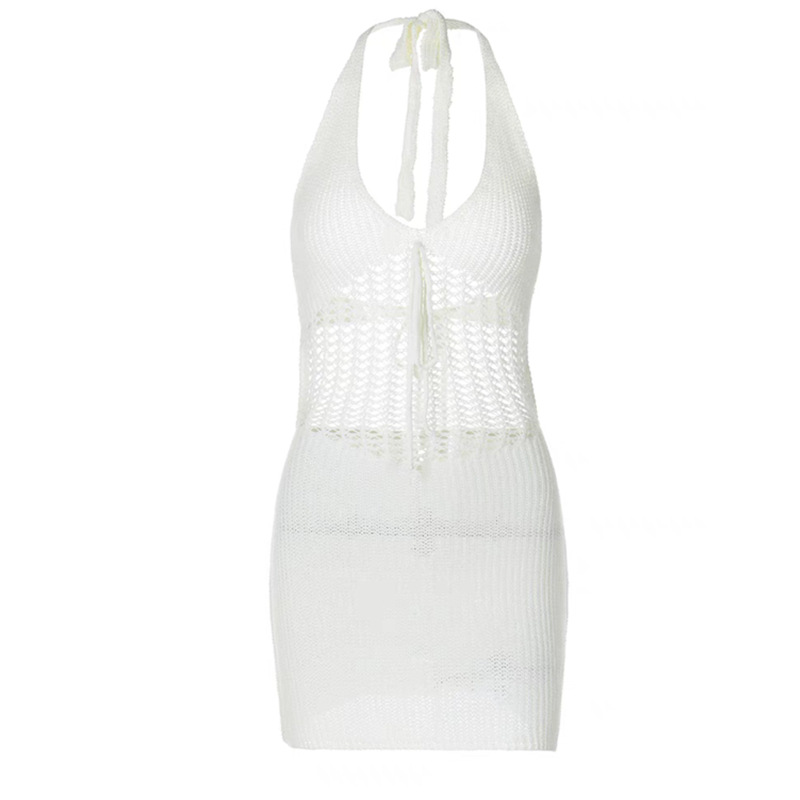 182g Weight Above Knee Dress Length Type Sleeveless Sleeve Length Sheath Dress Dresses Type knit Fabric Type High Waist Waist Line Holiday, Beach Occasion Halter Neck Neckline Slim Fit Type Stripe Pattern Summer Season Women's Gender Hollow Out Design Vacation, Sexy Style Wholesale Women's Vacation Sexy Hollow Out Stripe Holiday Beach Halter Neck Sleeveless Sheath Dress 1
