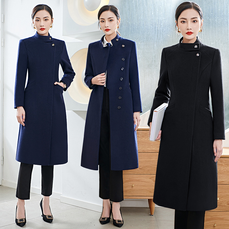 Professional Workwear Woolen Outwear Women's Winter Cotton Thickeneded Outwear Mid-Length Stewardess Uniform Beauty Salon Workwear