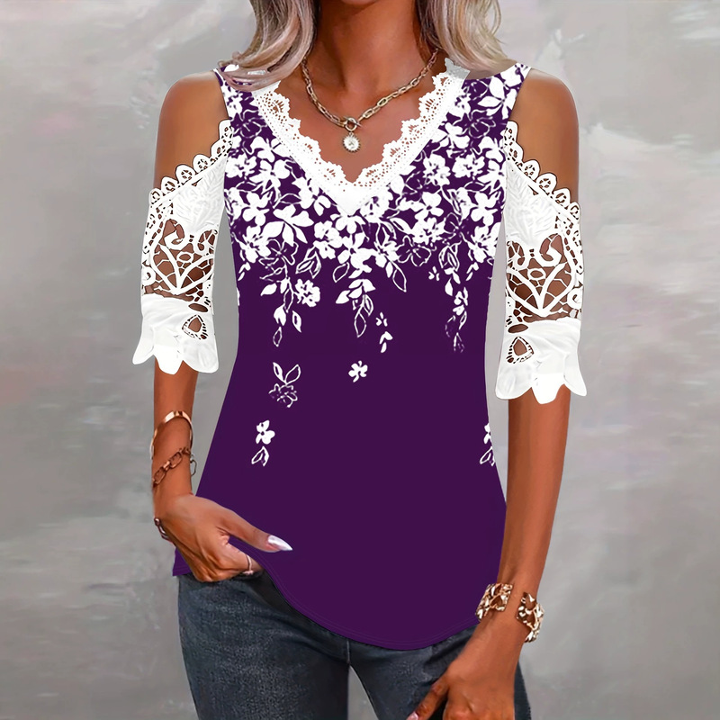 Exclusive for cross-border sales: 2026 Summer New V-neck Lace Trim Cold Shoulder Sleeveless T-shirt for Women, Fashionable Printed Casual Wear