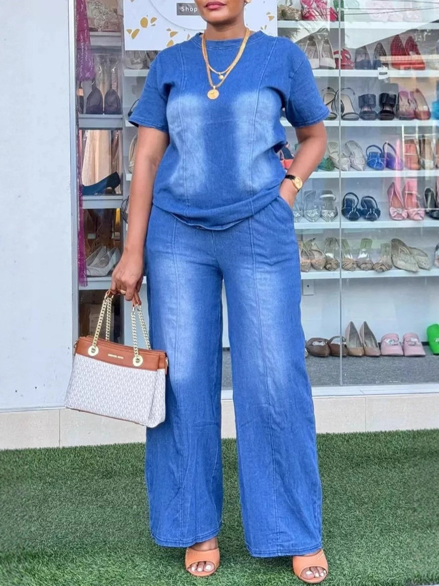 European and American Foreign Trade Cross-Border Aliexpress Amazon New Fashion Washed Blue Loose Short-Sleeved Denim Women's Suit Trendy 4