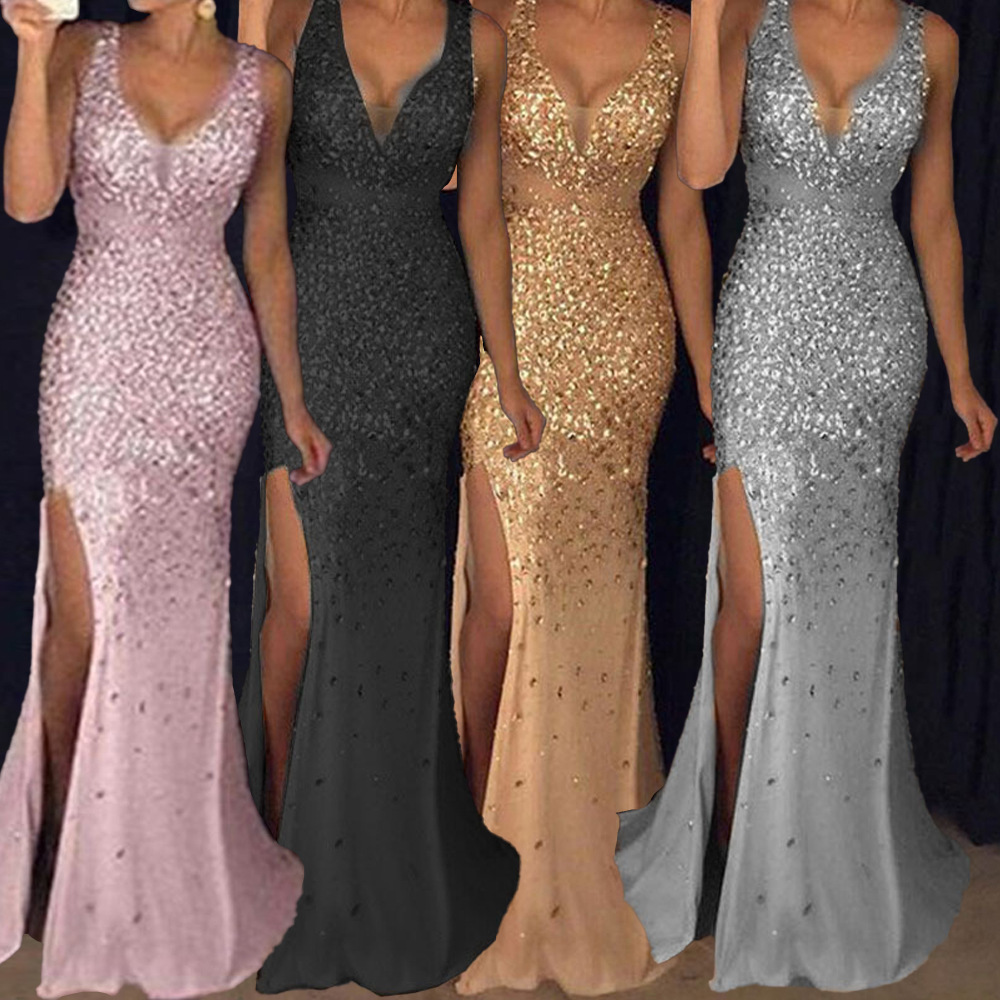 Vestido largo de noche con abertura y adornos dorados para mujer, nueva colección de comercio exterior europeo y americano de primavera 2025, disponible en Amazon.