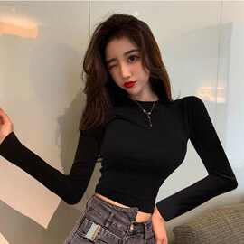 五笔蟹纯色春秋圆领性感学生女显身材修身短款露脐打底衫修身上衣