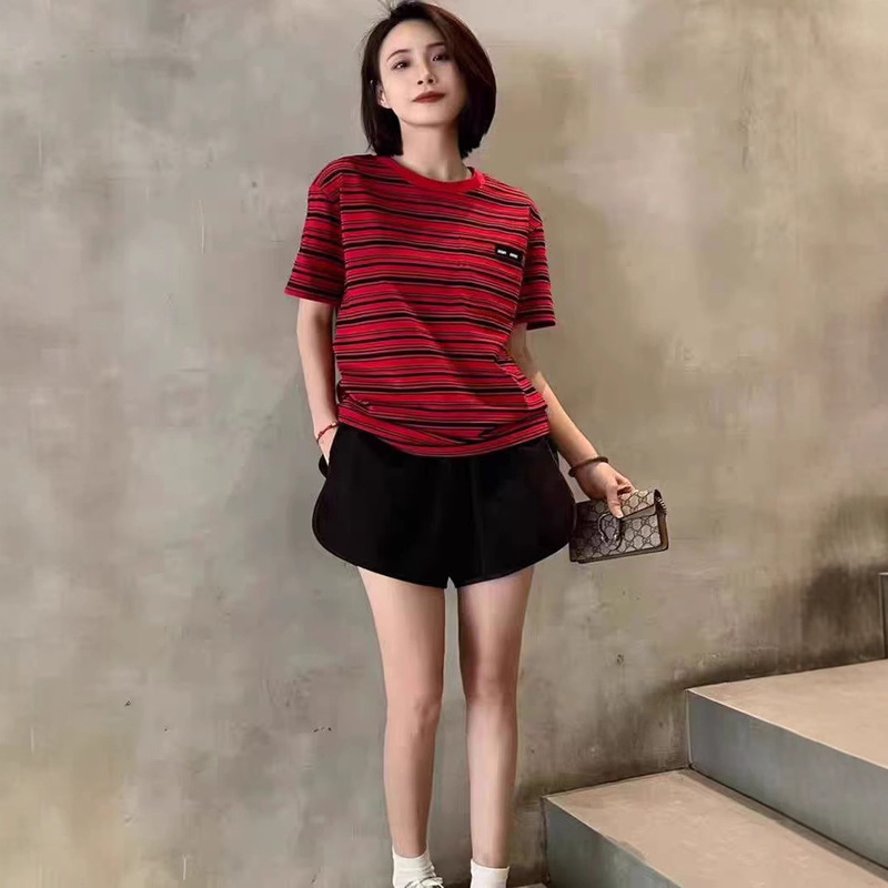 Mm Series 25 Early Spring Simple Versatile Brown Striped Round Neck Short-Sleeve T-Shirt for Women, Slim Fit, Trendy Brand with Distressed Details