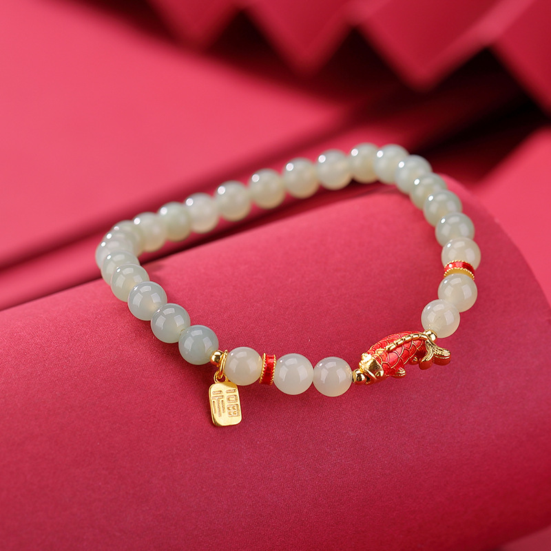 Vòng tay bạc S925 mạ vàng đính đá sapphire Hetian hạt tròn phong cách Koi Fu — Một chiếc