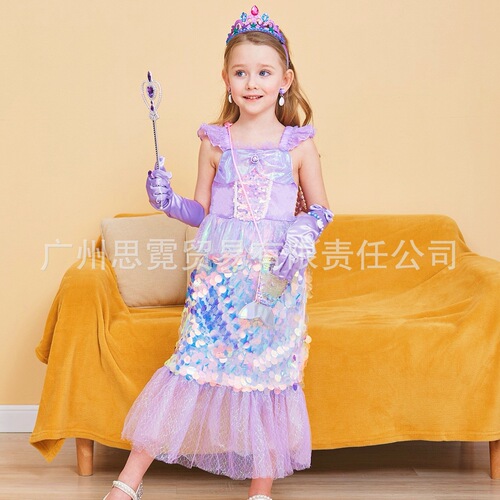 New Children's Mermaid Ariel Princess Dress, Glitter Fish Tail Dress