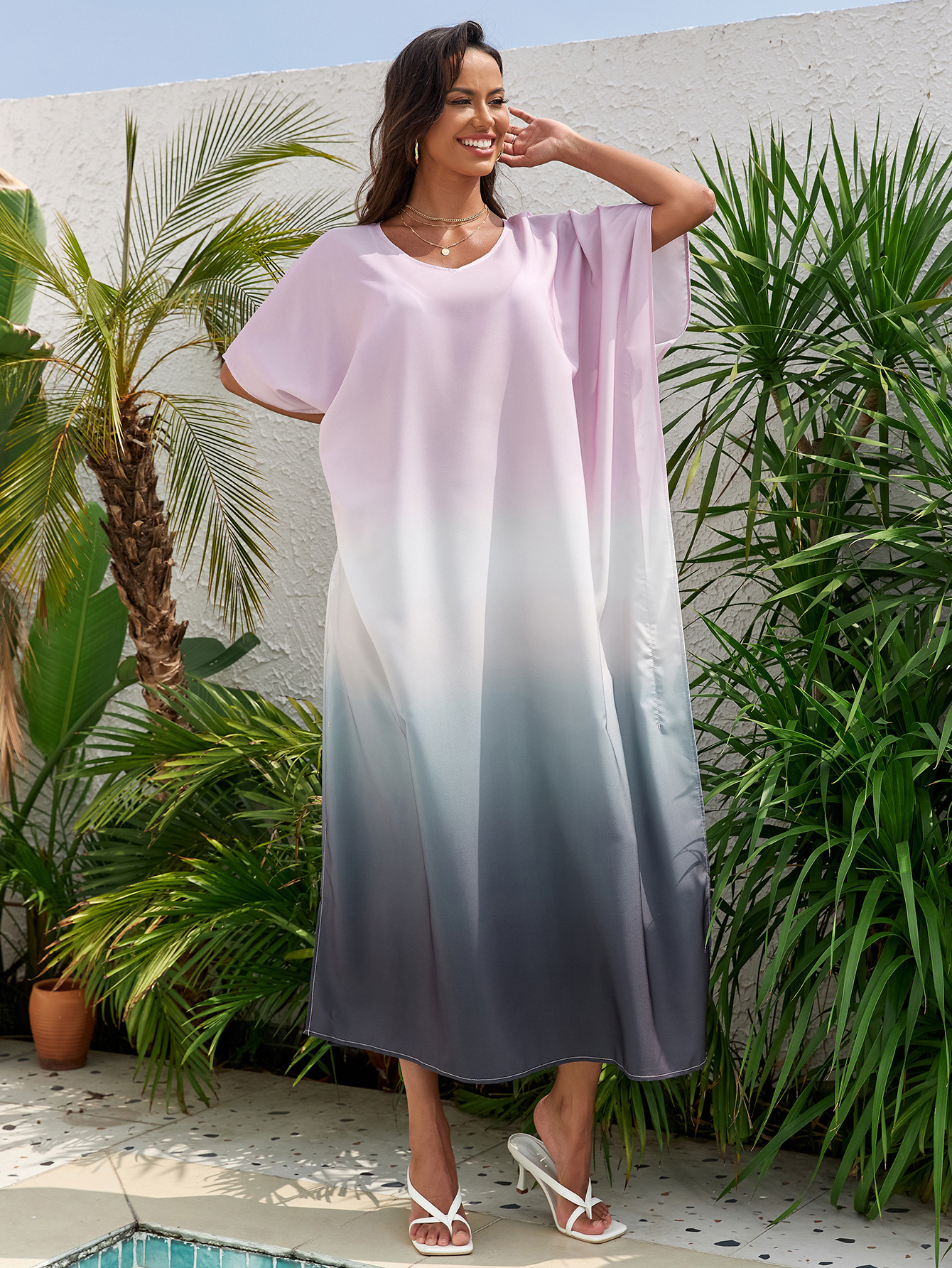 Vestido de playa de talla grande con estampado degradado europeo y americano, pareo de playa, protección solar, bata de playa