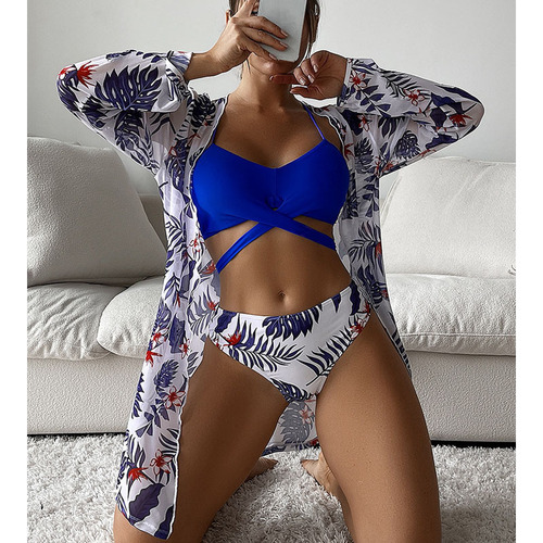 2024 New European and American Style Three-Piece Chiffon Floral Kimono Open-Front Long-Sleeve Swimsuit Cover-Up Bikini for Women