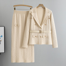 跨境欧洲站职业时尚半身裙套装女秋冬针织西装领外套包臀裙两件套