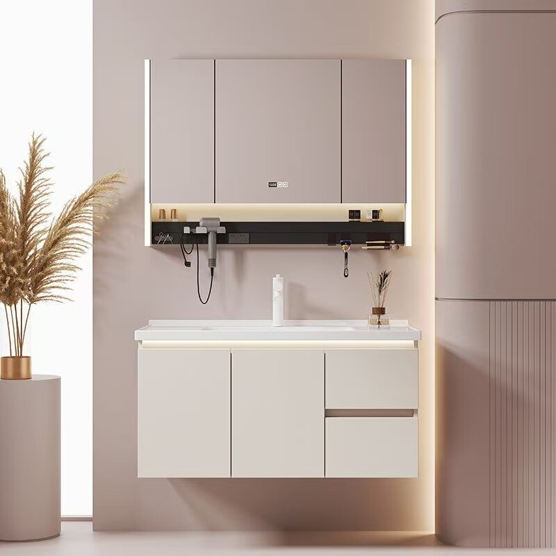 Cream Simple Solid Wood Ceramic Modern Integrated Smart Bathroom Cabinet Bathroom Washbasin Washbasin Combination Wash Cream Simple Solid Wood Ceramic Modern Integrated Smart Bathroom Cabinet Bathroom Washbasin Washbasin Combination Wash