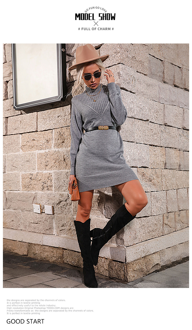 Vestidos tipo suéter ajustados de punto con medio cuello alto y color liso_voghion.com