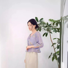 大吉新款春夏装女衬衣衬衫中袖中式亚麻上衣茶服花布收腰小衫