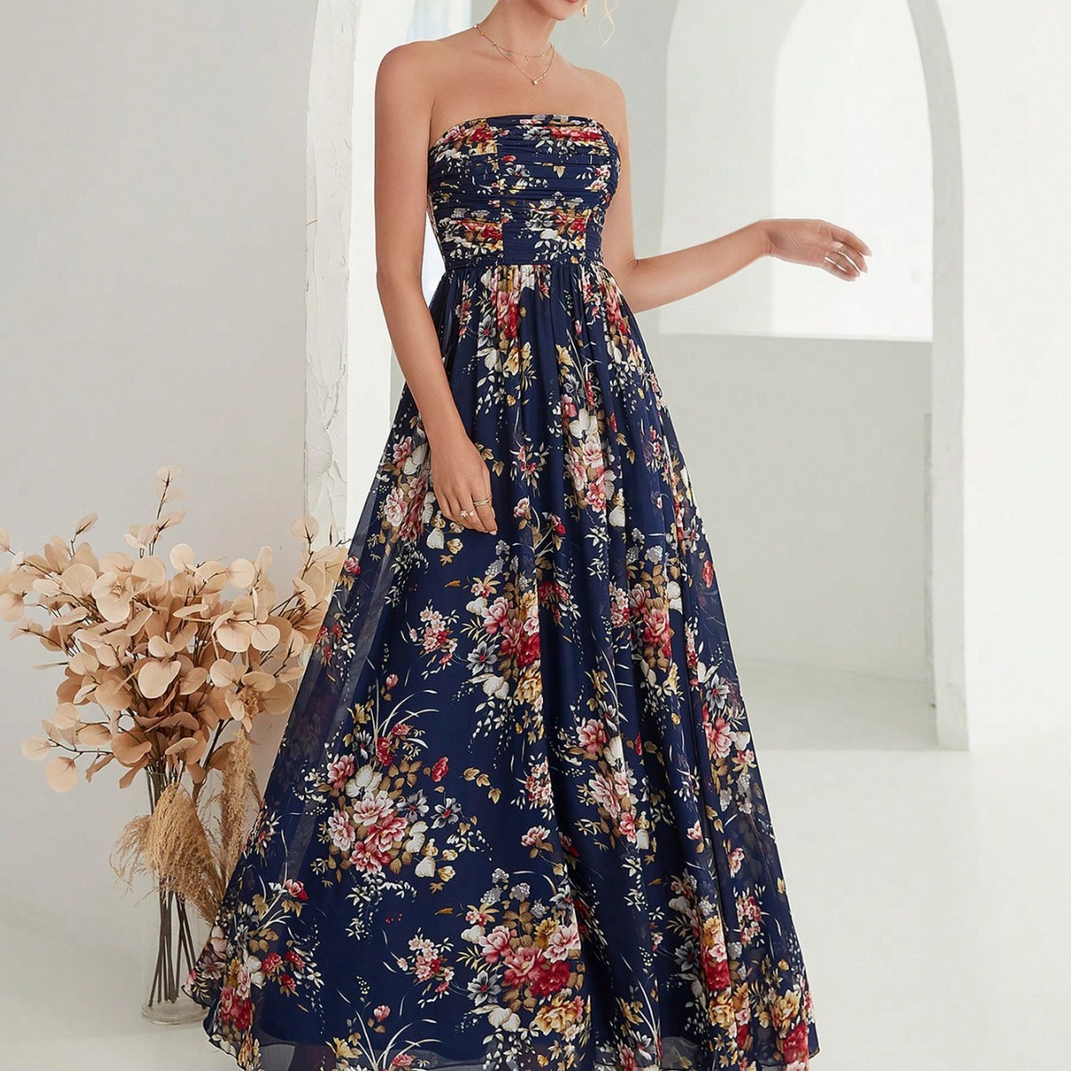 Printed Chiffon Strapless Elegant Evening Dress for Women, Prom Dress, Party Bridesmaid Spring Style, Direct Supply from Manufacturer, A-Line Long Dress