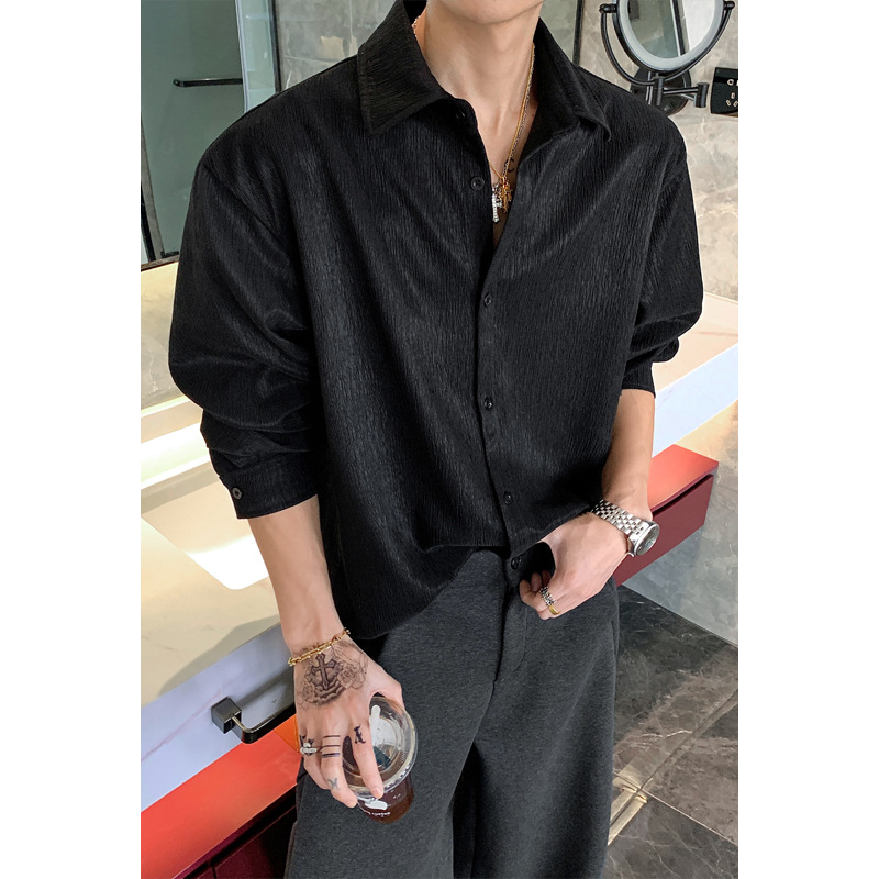 Textured White Long-sleeve Shirt For Men, 2026 Spring Collection, High-end Feel, Loose-fitting, Collared, Plus-size Top_voghion.com