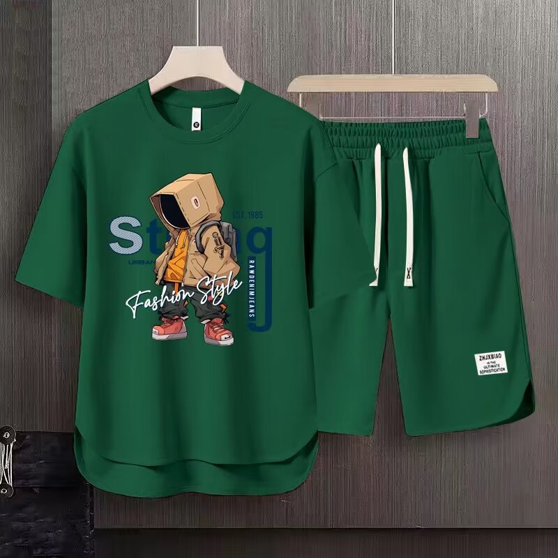 Men's Clothing 2024 Waffle Casual Summer Suit Men's Loose Teen Short sleeved T shirt Shorts Handsome Two piece Suit_mkmklike.com