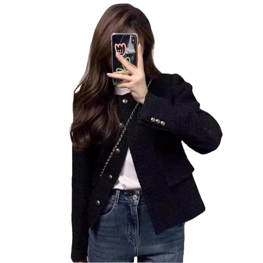 Черный демисезонный кардиган, короткая куртка, plus size, стиль Chanel, для подростков