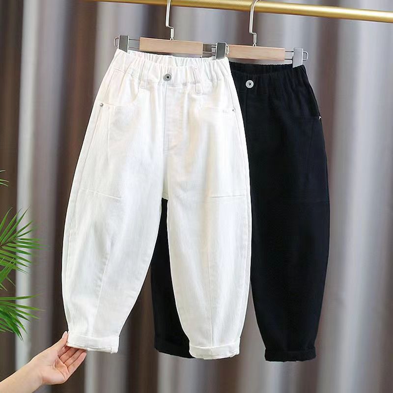 White children's autumn elastic trousers for boys