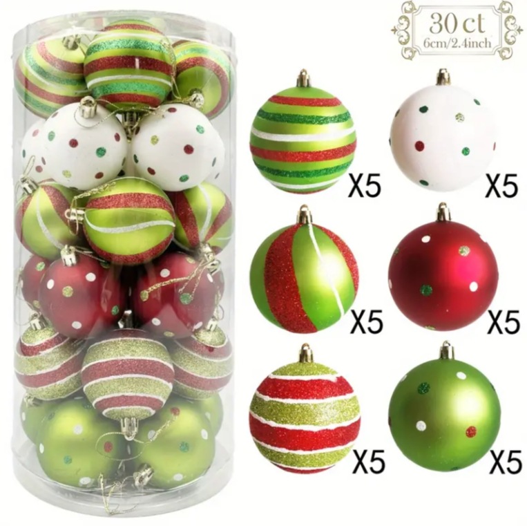 Bolas de Navidad de plástico galvanizadas pintadas a mano 6CM 30 paquetes de PVC cilindro Grinch color de decoración de árbol de Navidad