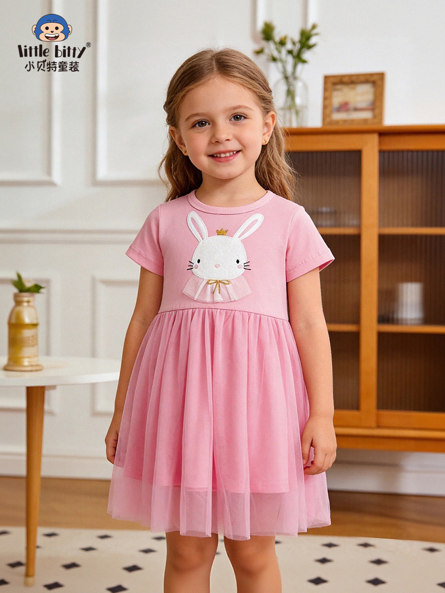 Cross-Border Children's Clothing 26 Years Spring/Summer Children's Short-Sleeve Mesh Dress for Girls with Cute Rabbit Embroidery Round Neck in Stock
