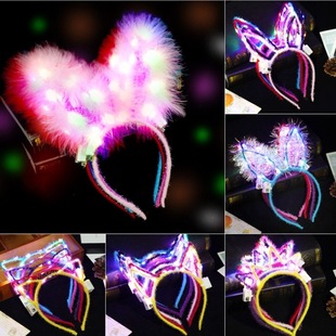 Children's Luminous Headwear Cat Ears with Light Garland Glitter Feather Rabbit Ears Headband Night Market Stall Toys Gifts