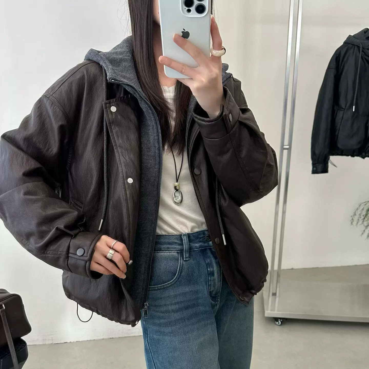 810#羽绒冬季新款韩版短款皮衣外套女假两件蛋白皮夹克连帽外套