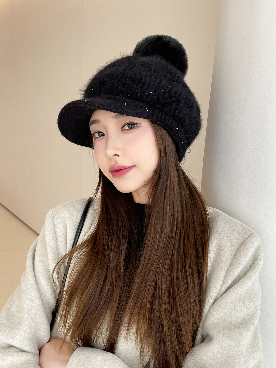 Herbst und Winter Samt Kaninchenfell Damen Baseballmütze Textur Pailletten Wollknäuel Gestrickte Entenschnabelmütze Trend Warme Mütze Garnmütze_voghion.com
