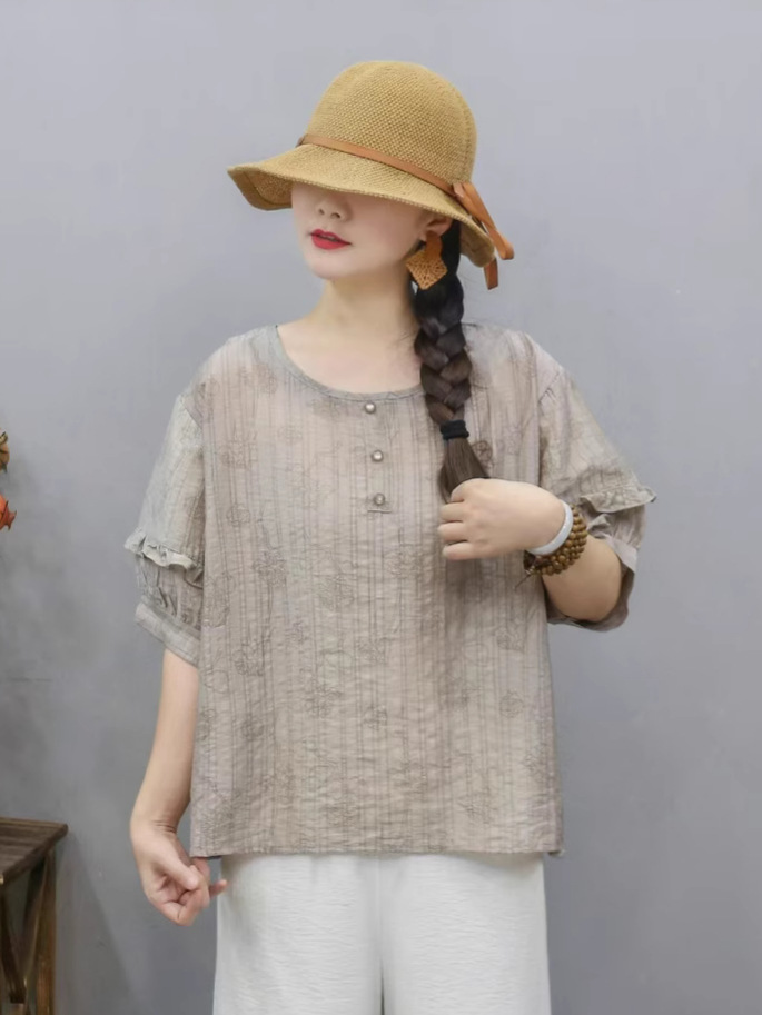 Transfronterizo 2025 primavera y verano nuevo estilo chino de ropa de mujer camiseta estampada mangas de linterna camiseta de mujer collar redondo literatura y arte image 1