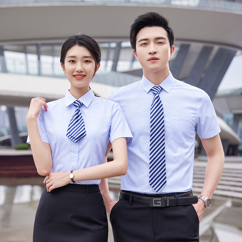 Rural Commercial Bank work clothes women's shirt long men's work clothes rural commercial credit cooperatives short sleeve blue striped shirt Rural Commercial Bank work clothes women's shirt long men's work clothes rural commercial credit cooperatives short sleeve blue striped shirt