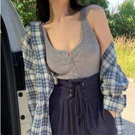 格子衬防晒衫女早秋薄款新款蓝白格纹慵懒风宽松显瘦中长开衫衬衣