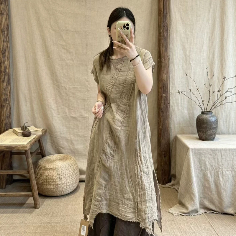 Designed Summer Loose-Fitting Retro Personality Round-Neck Irregular Fringe Sleeve Long Dress Versatile Long Dress for Women Designed Summer Loose-Fitting Retro Personality Round-Neck Irregular Fringe Sleeve Long Dress Versatile Long Dress for Women