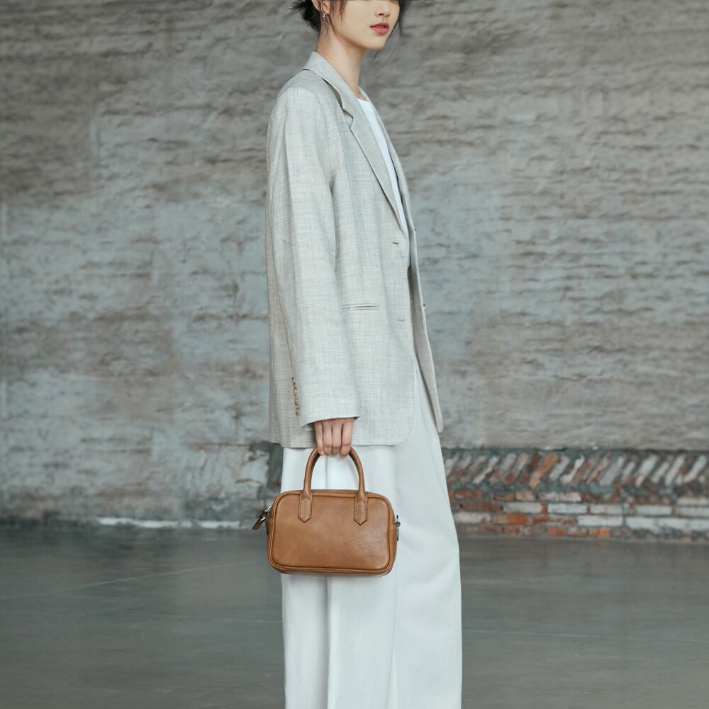 Qiu Zhen Wide Bowling Bag Vegetable Tanned Sheepskin Retro Commuter Shoulder Crossbody Bag Genuine Leather Small Square Handbag For Women - Thumbnail 4